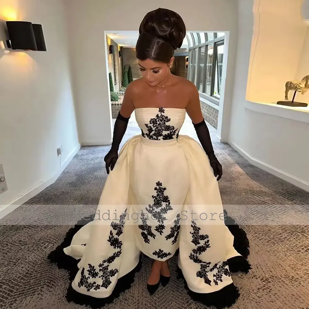 Luxury Formal Dresses for Women Black Applique Strapless Column Party Gowns Detachable Train Backless Satin Evening Dress White