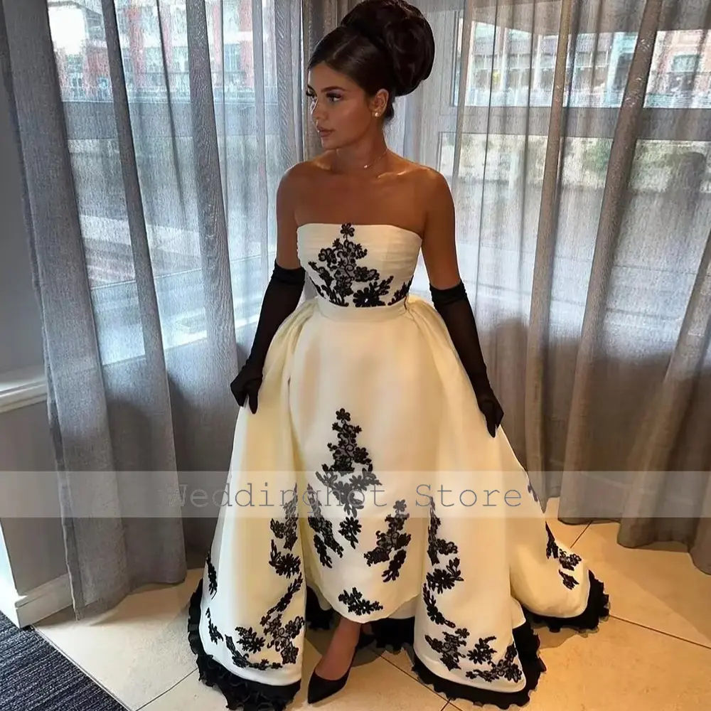 Luxury Formal Dresses for Women Black Applique Strapless Column Party Gowns Detachable Train Backless Satin Evening Dress White