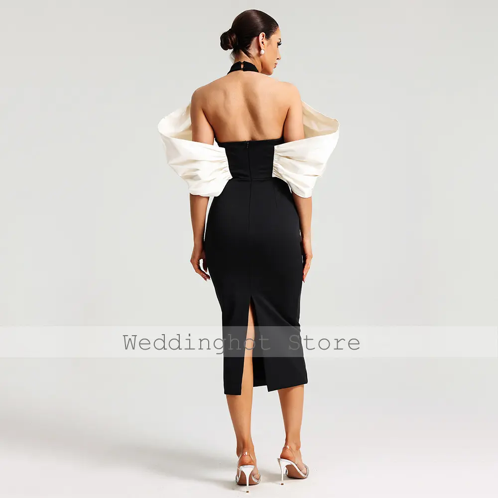 Midi Cocktail Dress Black Halter Off the Shoulder Sheath/Column Cocktail Gowns for Women Backless Tea Length Short Party Dresses
