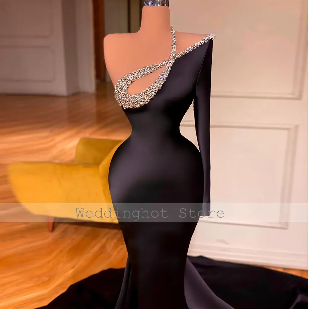 Evening Dress Luxury Black Spandex Rhinestone Bespoke Occasion Gown Mermaid One-shoulder Elegant Luxury Evening Dress 2024