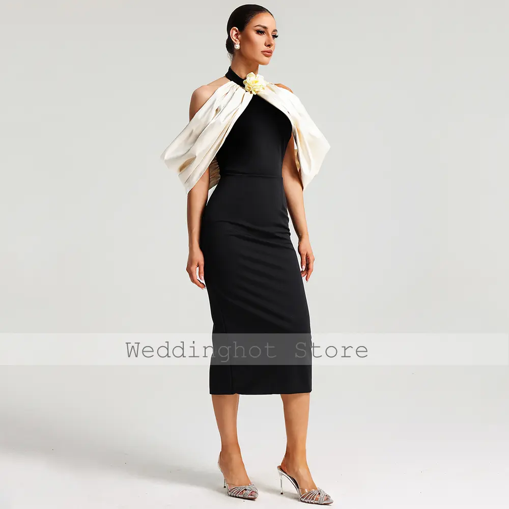 Midi Cocktail Dress Black Halter Off the Shoulder Sheath/Column Cocktail Gowns for Women Backless Tea Length Short Party Dresses