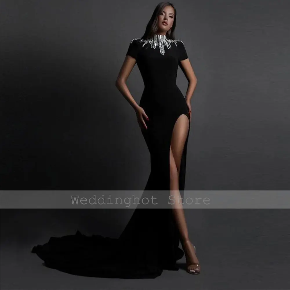 Cocktail Dresses Sexy Black Satin Rhinestone Front Fork Prom Dresses Column High Collar Long Dresses Long Beaded Cocktail Gowns