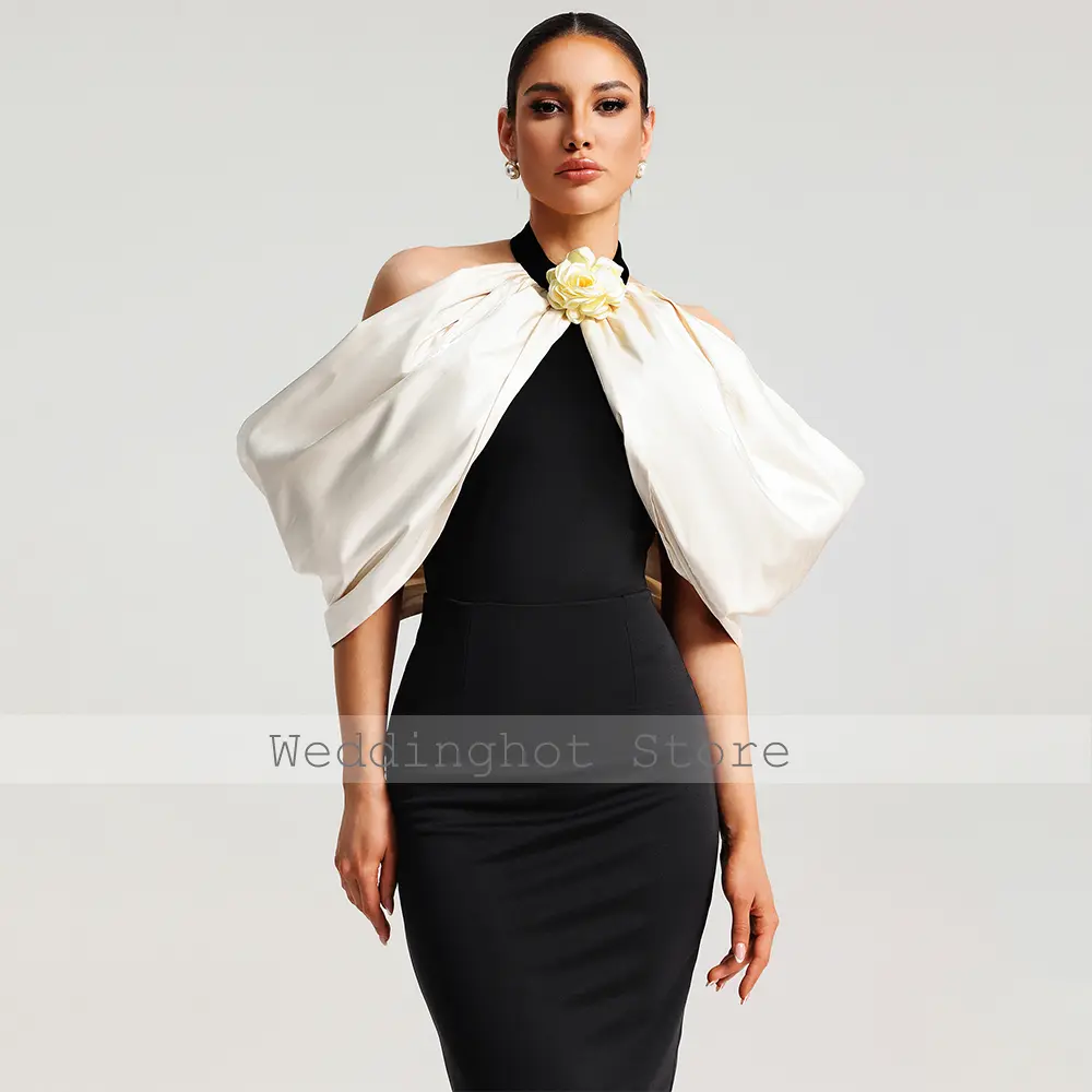 Midi Cocktail Dress Black Halter Off the Shoulder Sheath/Column Cocktail Gowns for Women Backless Tea Length Short Party Dresses