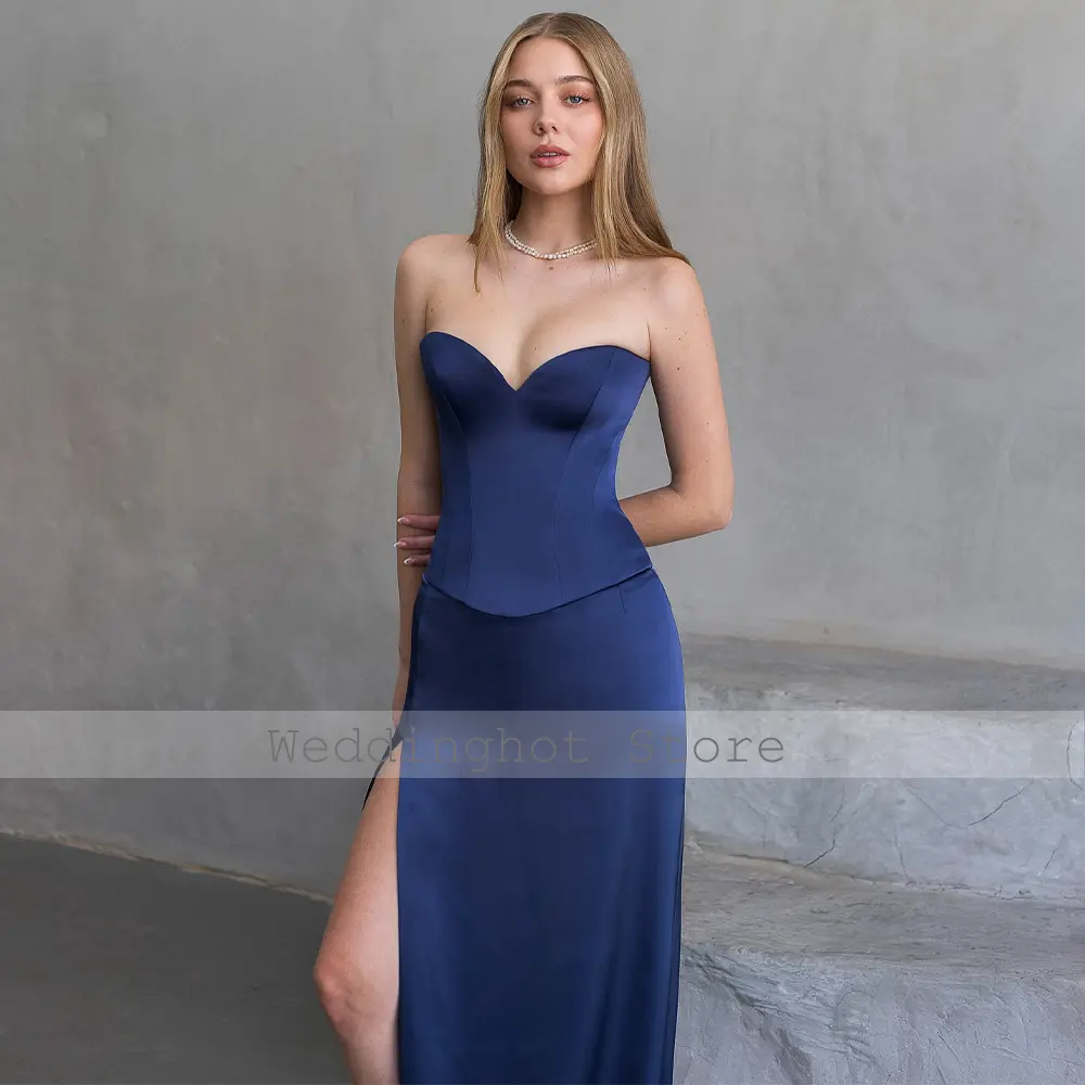 Navy Blue Evening Dress Satin Sweetheart Side Split Column Evening Gowns for Women With Shawl Floor Length Formal Party Dresses