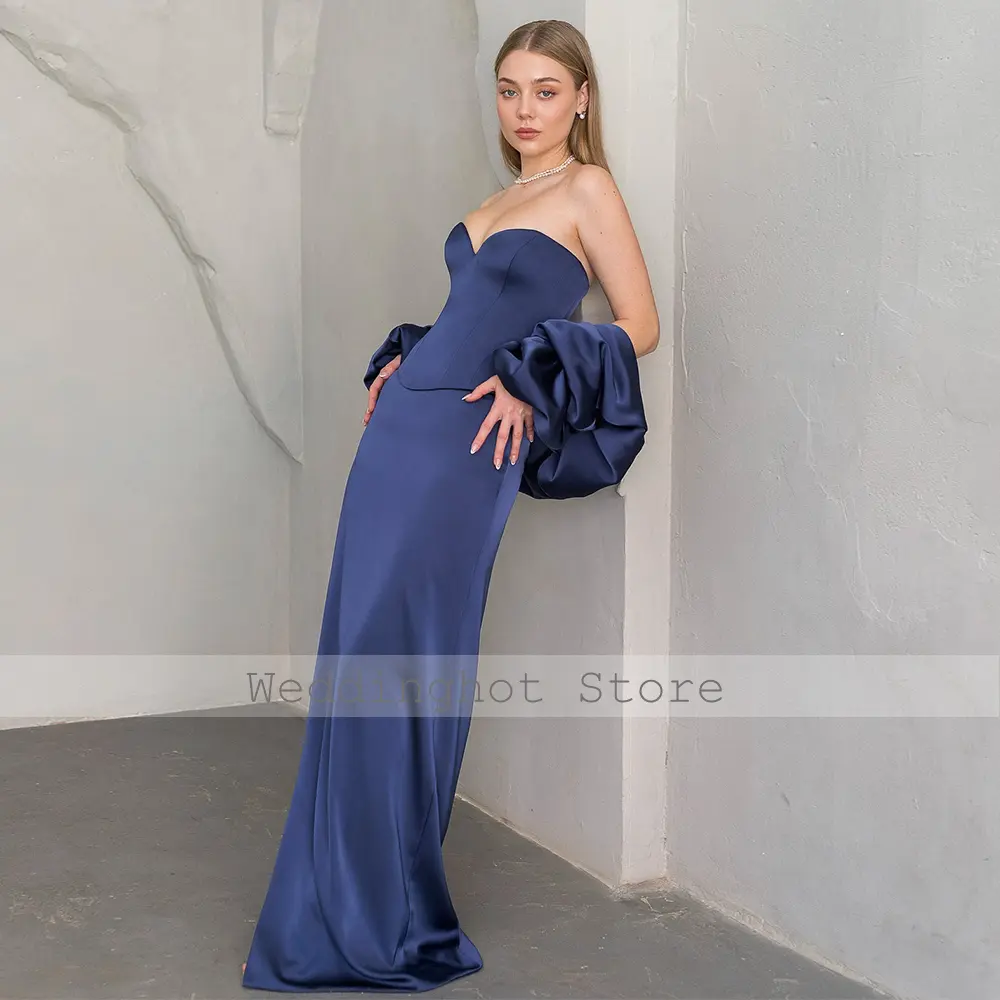 Navy Blue Evening Dress Satin Sweetheart Side Split Column Evening Gowns for Women With Shawl Floor Length Formal Party Dresses