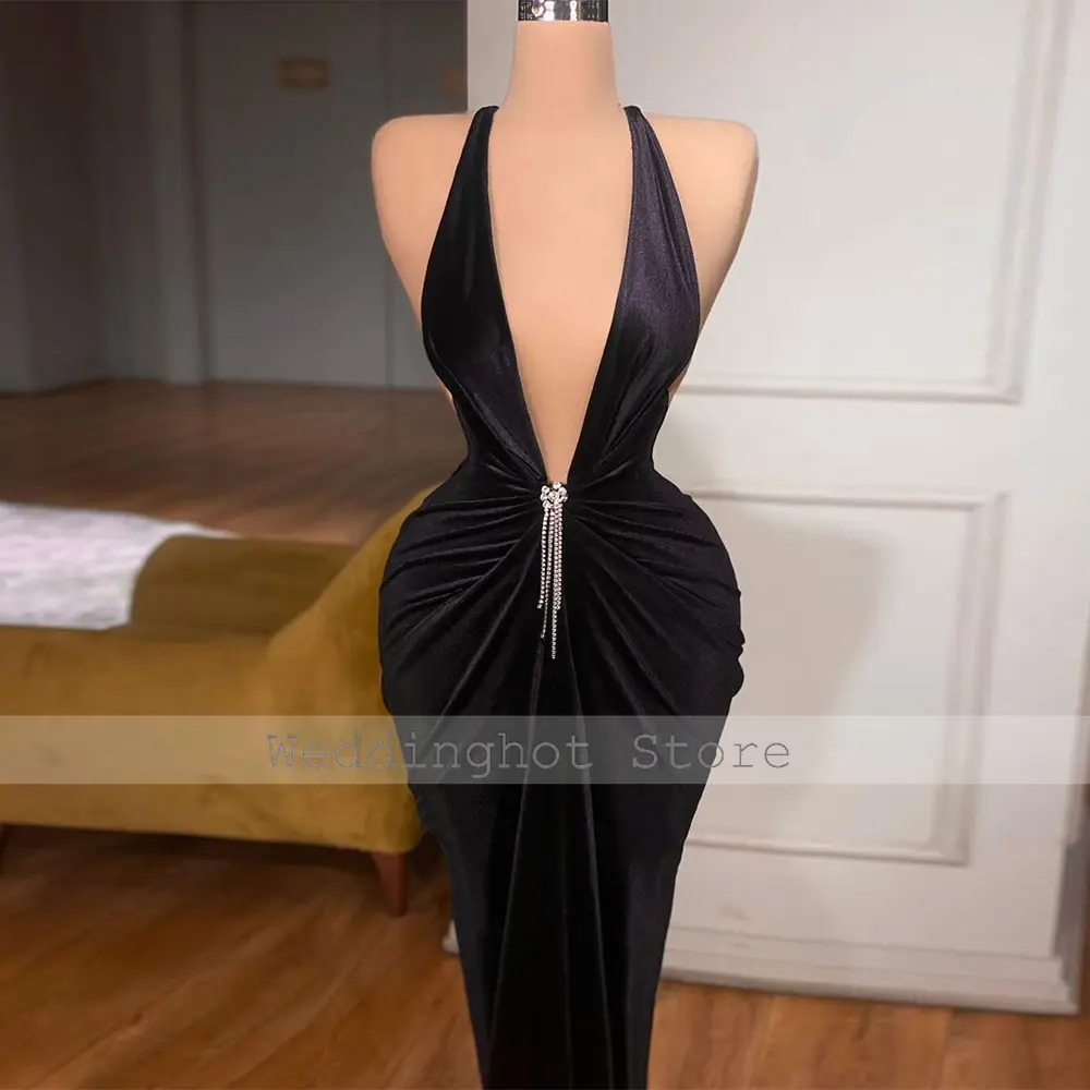Sexy Long Beaded Evening Gowns Black Satin Pleat Bespoke Occasion Gown Trumpet Halter Elegant Luxury Evening Dress 2024