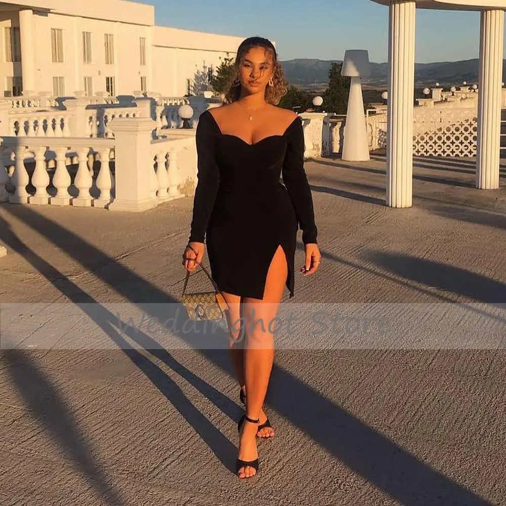 Party Dress Black Long Sleeves Mesh Tulle O Neck Mini Cocktail Gowns For Women Sweetheart Side Slit Column Cocktail Dress Short