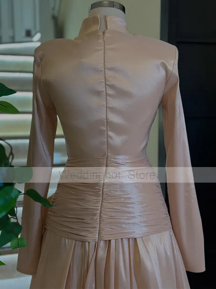Modest Formal Party Dresses for Women 2025 High Collar Long Sleeves Evening Gowns Long A Line Crystal Bow Wedding Guest Dress