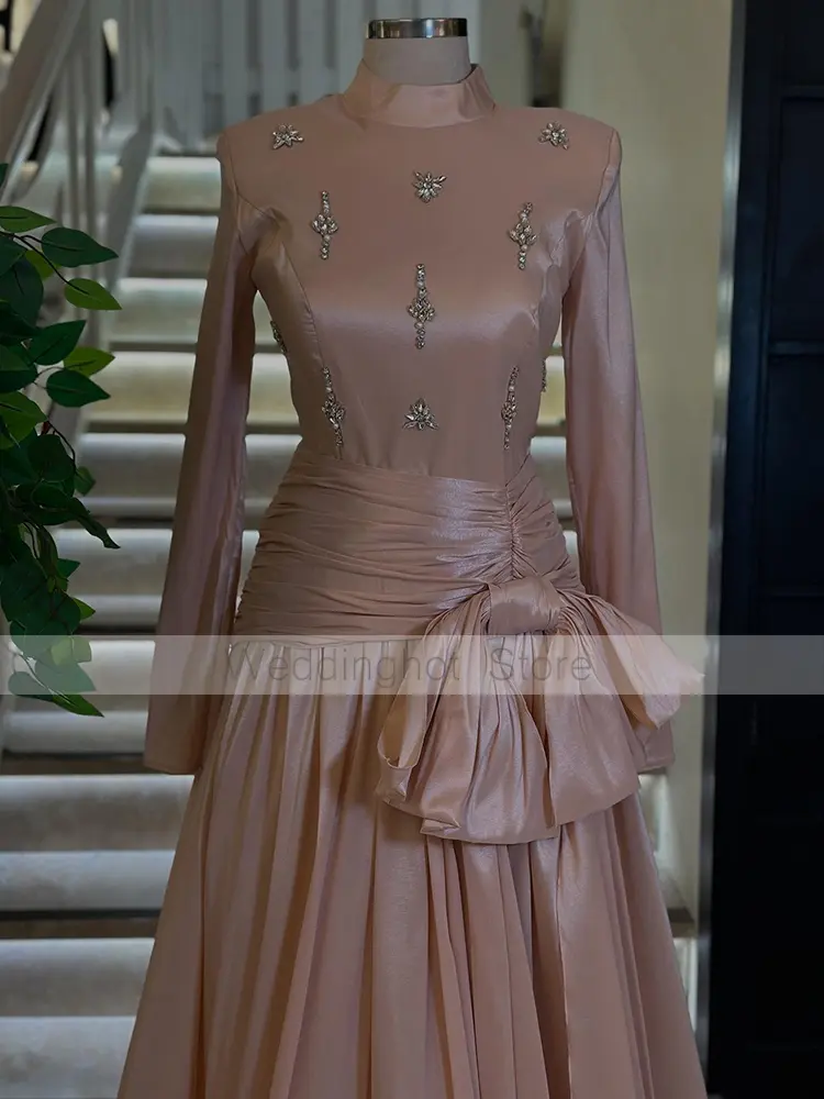 Modest Formal Party Dresses for Women 2025 High Collar Long Sleeves Evening Gowns Long A Line Crystal Bow Wedding Guest Dress