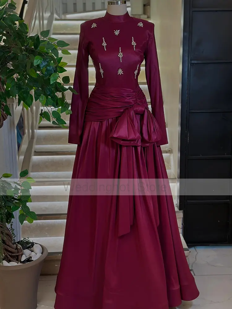 Modest Formal Party Dresses for Women 2025 High Collar Long Sleeves Evening Gowns Long A Line Crystal Bow Wedding Guest Dress