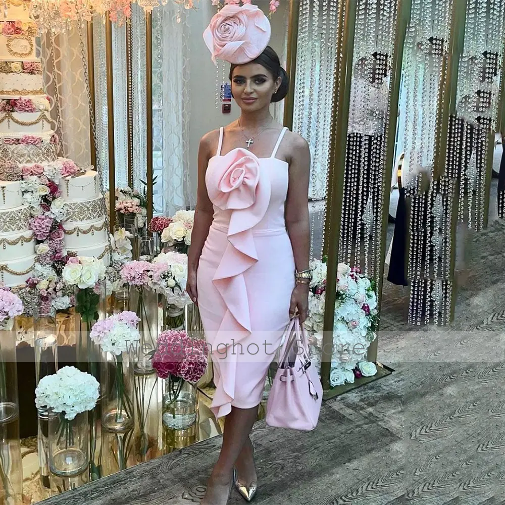 Column Cocktail Dress Pink Knee Length Ruffle Spaghetti Straps Cocktail Gowns for Women Flower Sheath Short Birthday Party Dress
