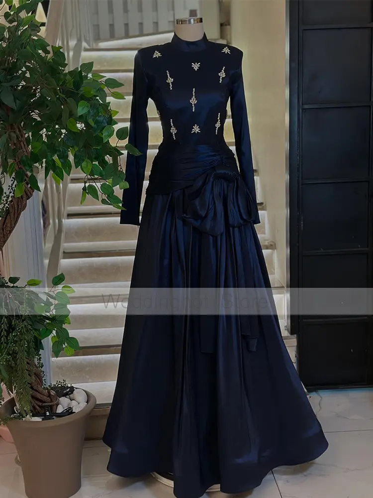 Modest Formal Party Dresses for Women 2025 High Collar Long Sleeves Evening Gowns Long A Line Crystal Bow Wedding Guest Dress