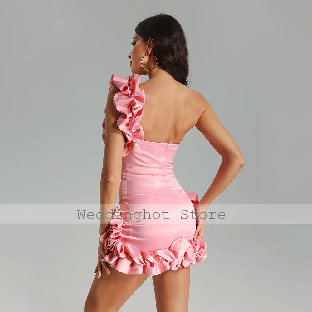 Pink Homecoming Dress Mini 3D Flowers Ruffle One Shoulder Sheath Homecoming Gowns for Women Satin Sleeveless Column Party Dress