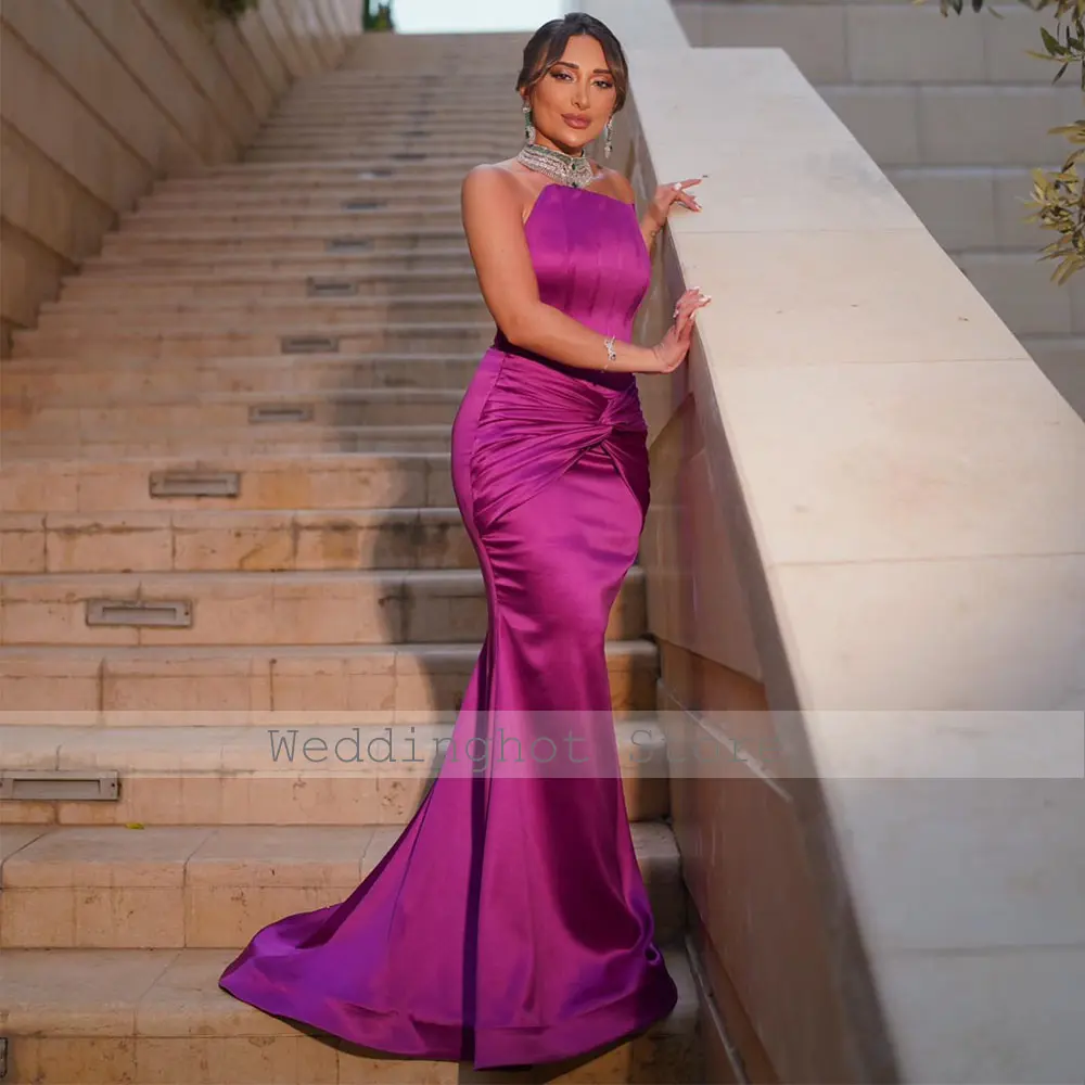 Lilac Satin Evening Dresses for Women Mermaid Strapless Elegant Evening Gowns Long Pleat Criss-Cross Trumpet Wedding Party Dress