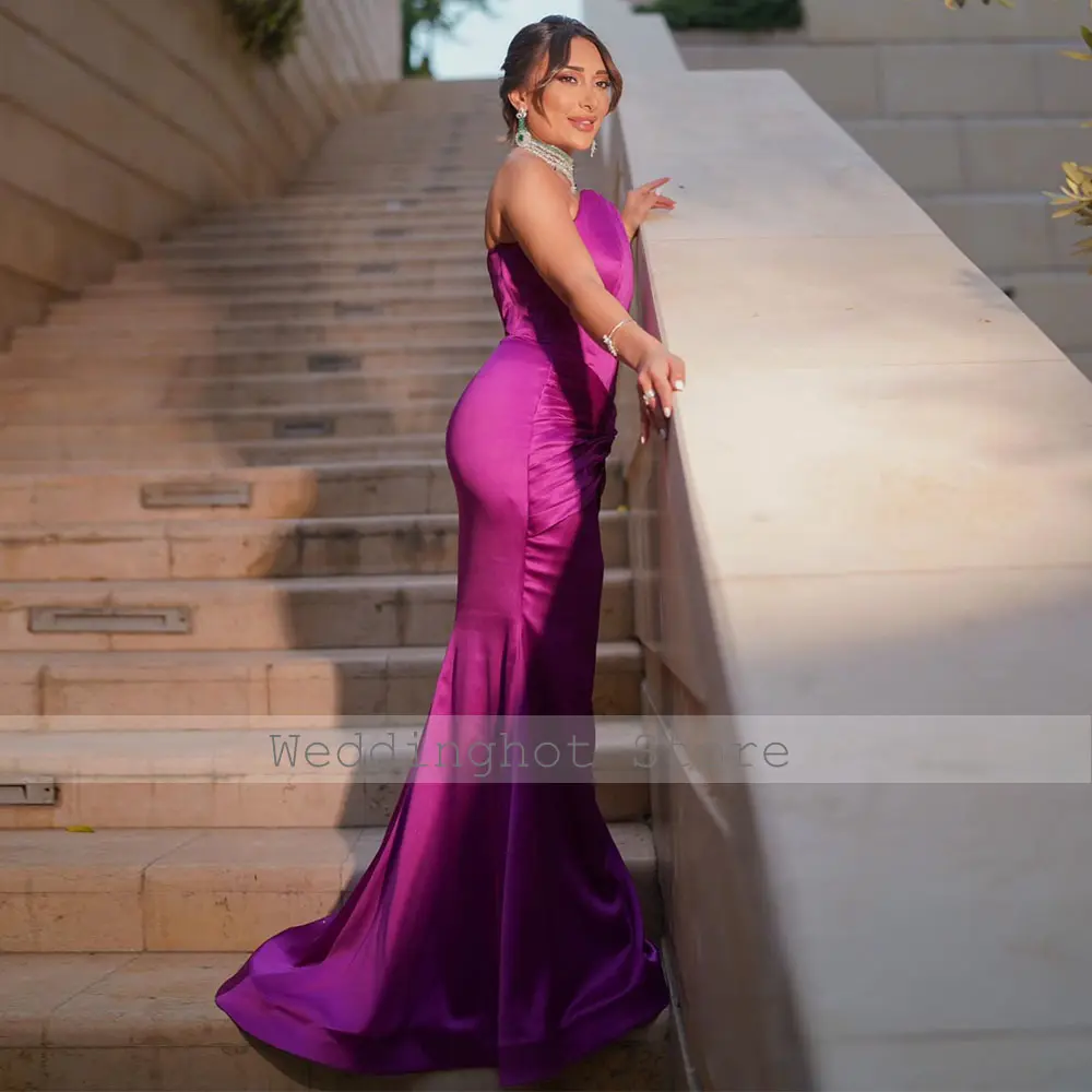 Lilac Satin Evening Dresses for Women Mermaid Strapless Elegant Evening Gowns Long Pleat Criss-Cross Trumpet Wedding Party Dress