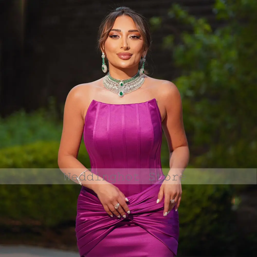 Lilac Satin Evening Dresses for Women Mermaid Strapless Elegant Evening Gowns Long Pleat Criss-Cross Trumpet Wedding Party Dress