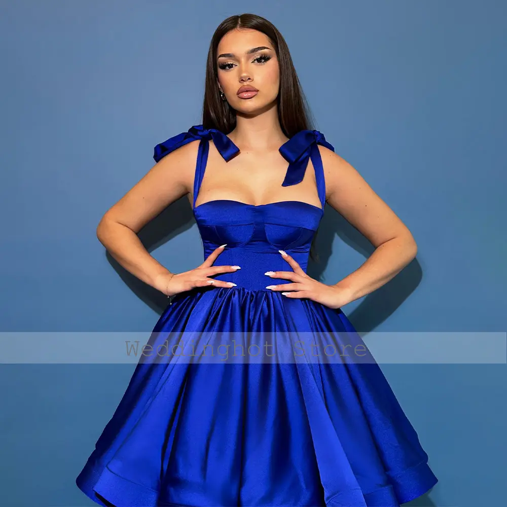 2024 Cocktail Dress A Line Sweetheart Blue Satin Cocktail Gown for Ladies Knee Length Ruched Princes Homecoming Dresses Short
