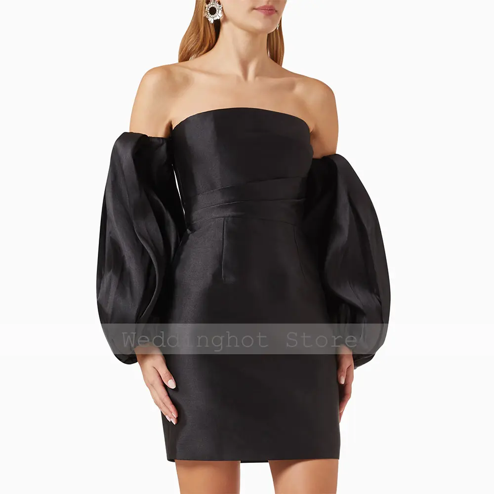 Mini Cocktail Dress with Detachable Puffy Sleeves Strapless Column Cocktail Gowns for Women Backless Sheath Simple Party Dresses