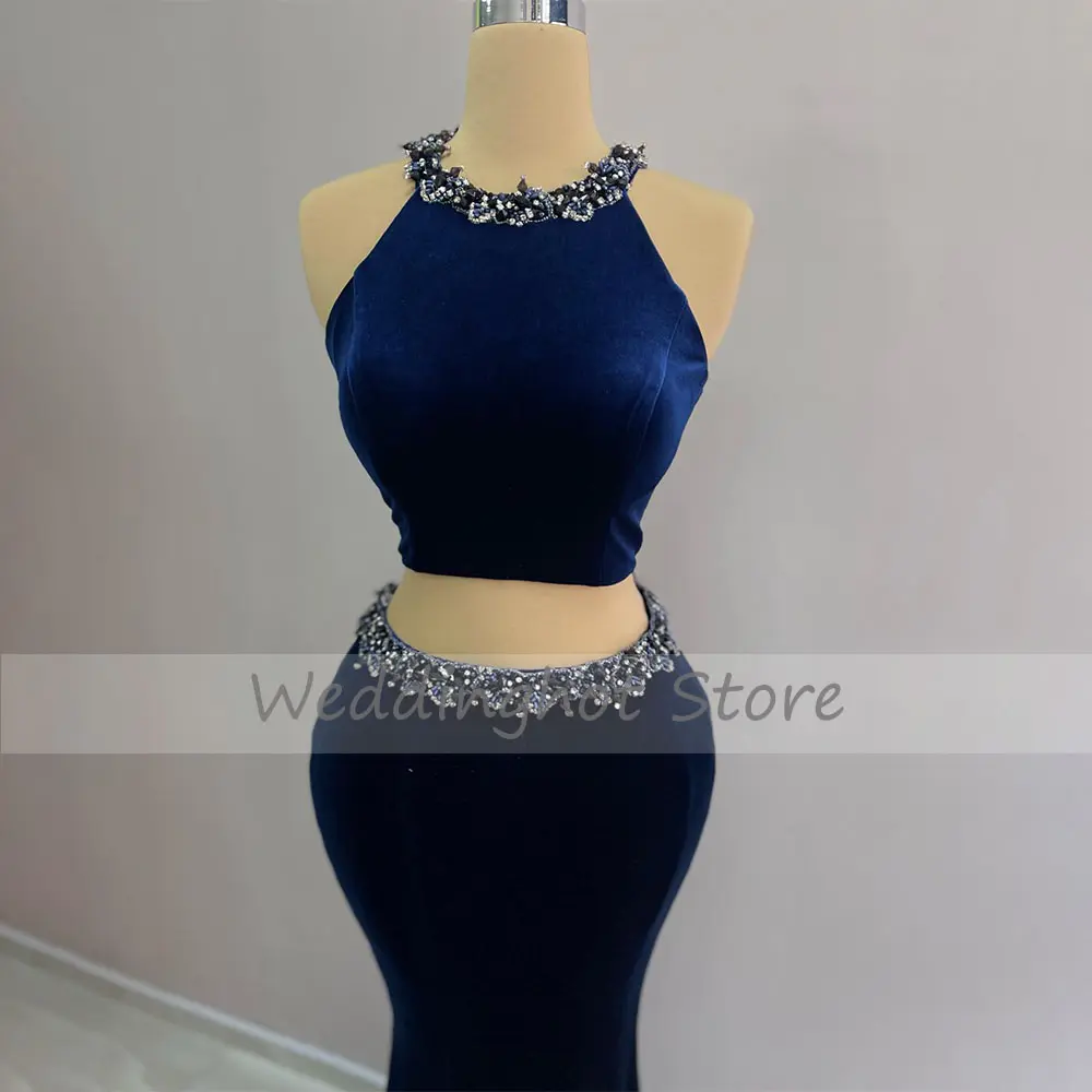 Velvet Evening Dress Royal Blue Crystal O Neck Crop Top Evening Gowns 2 Pieces 2024 Mermaid Sexy Women's Prom Party Dresses Long