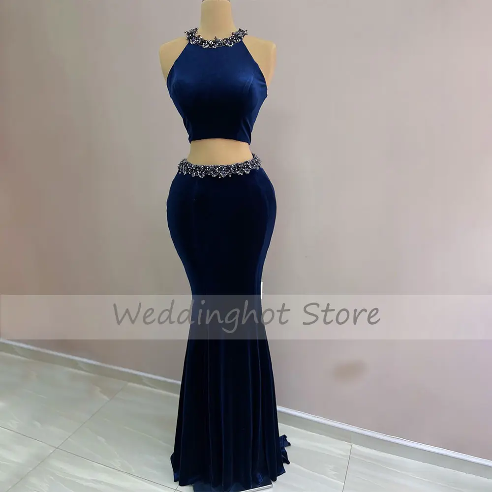 Velvet Evening Dress Royal Blue Crystal O Neck Crop Top Evening Gowns 2 Pieces 2024 Mermaid Sexy Women's Prom Party Dresses Long