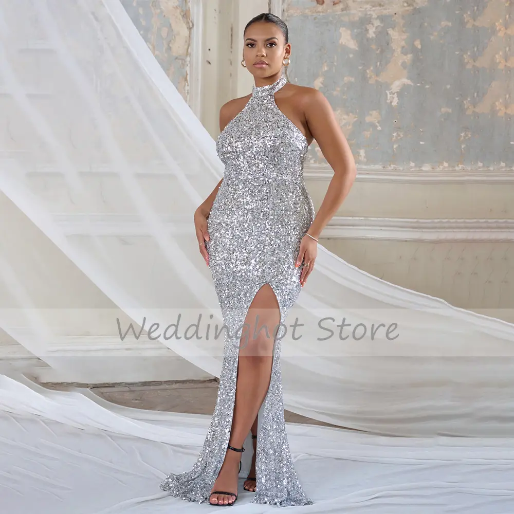 Silver Sequin Evening Dress Mermaid Halter High Slit Backless Glitter  Gowns for Women 2023 Plus Size Sexy Party Dresses