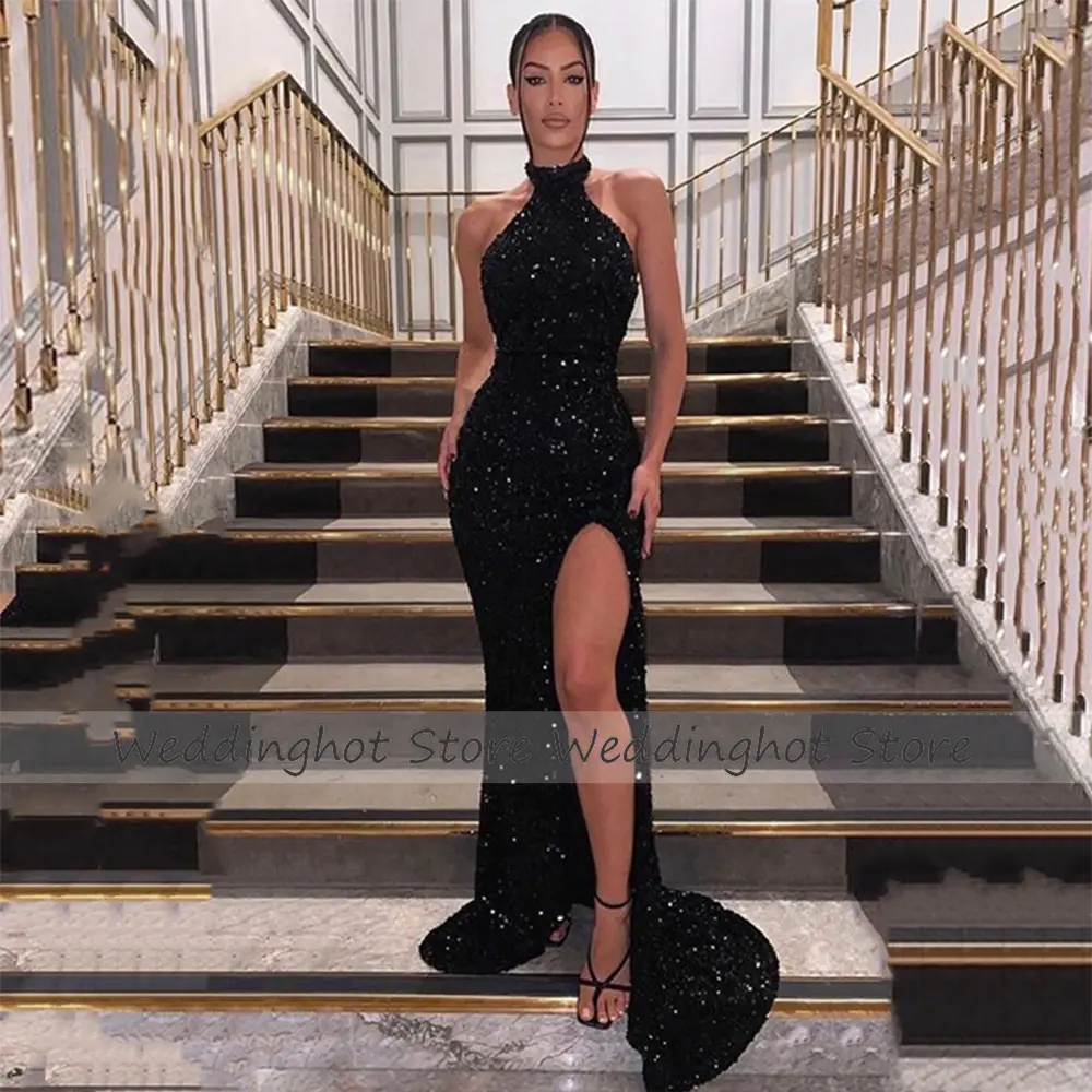 Sequin Evening Dresses Long Black High Collar Mermaid Women's  Gown 2023 Sleeveless Trumpet Side Slit Formal Party Dress