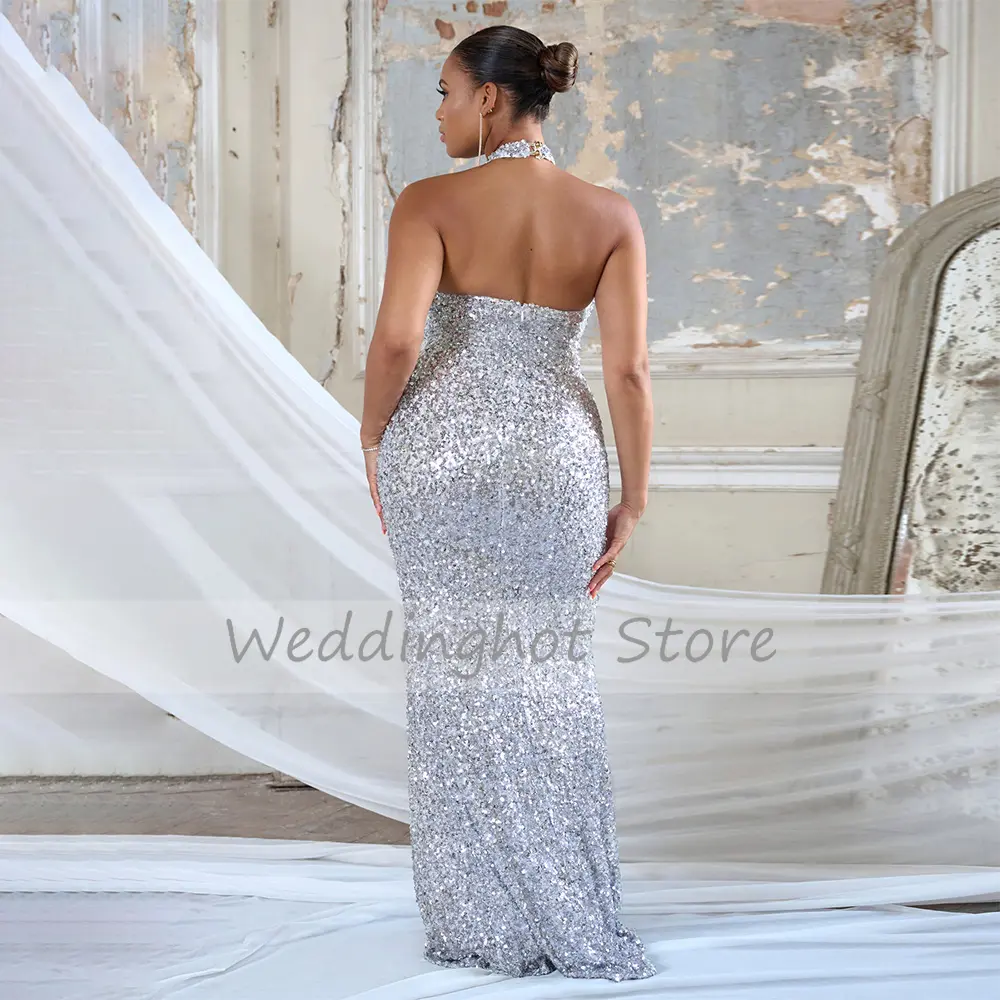 Silver Sequin Evening Dress Mermaid Halter High Slit Backless Glitter  Gowns for Women 2023 Plus Size Sexy Party Dresses