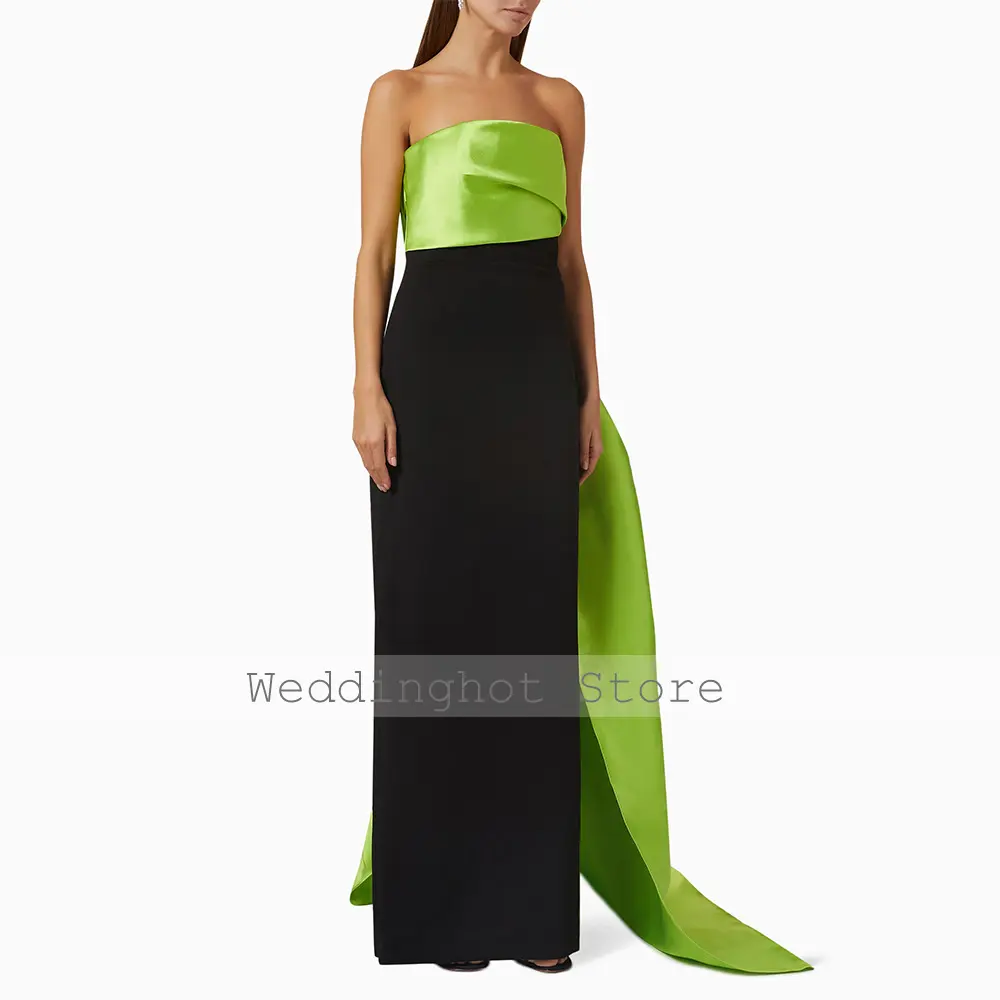 Fluorescent Green Black Evening Dress Long Strapless Sleeveless Column Evening Party Gowns for Women Draped Modern Prom Dresses