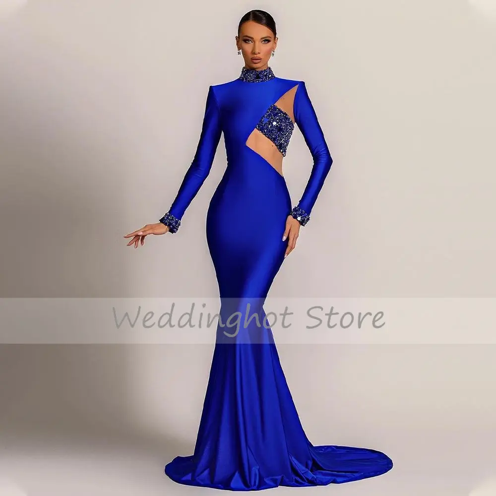 Sexy Mermaid Evening Dresses Long Sleeves Beading High Collar Women's Evening Gown Dark Royal Blue Cutout Illusion Prom Dress