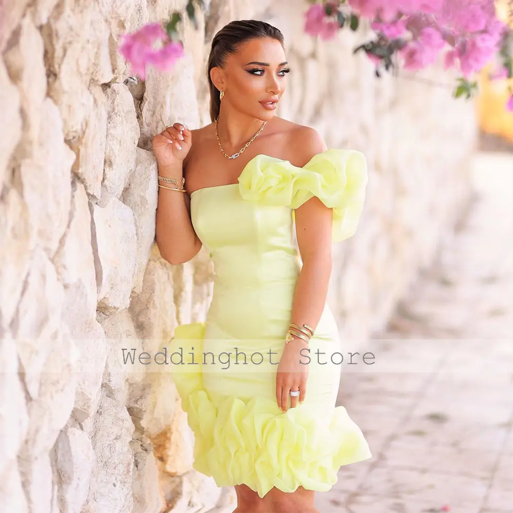 Daffodil Yellow Cocktail Dresses Off the Shoulder Flowers Sheath Satin Cocktail Gowns for Women Custom Made Mini Evening Dress