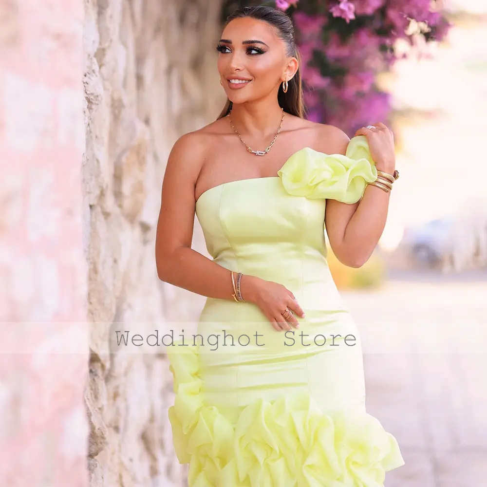 Daffodil Yellow Cocktail Dresses Off the Shoulder Flowers Sheath Satin Cocktail Gowns for Women Custom Made Mini Evening Dress