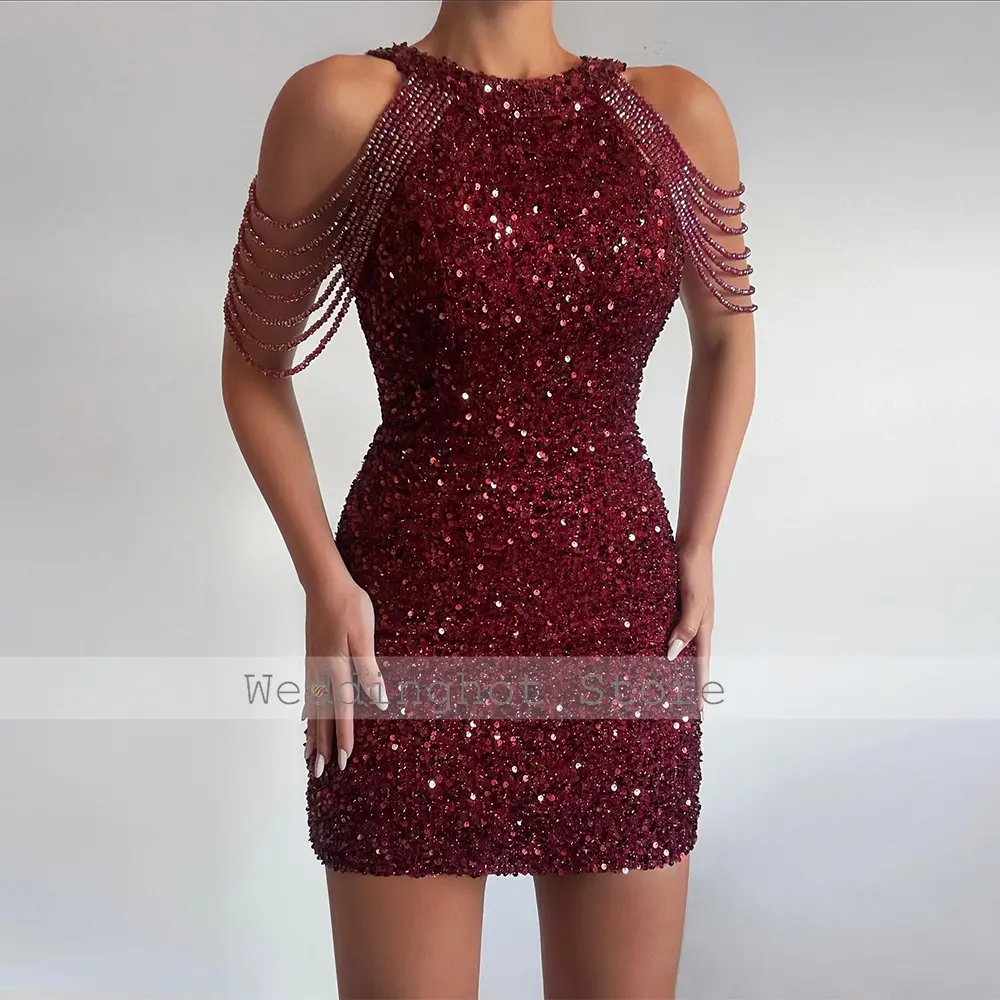 Cocktail Dresses Sexy Sequin Sequined Beading Birthday Column Scoop Neck Mini Dresses Long Beaded Cocktail Gowns