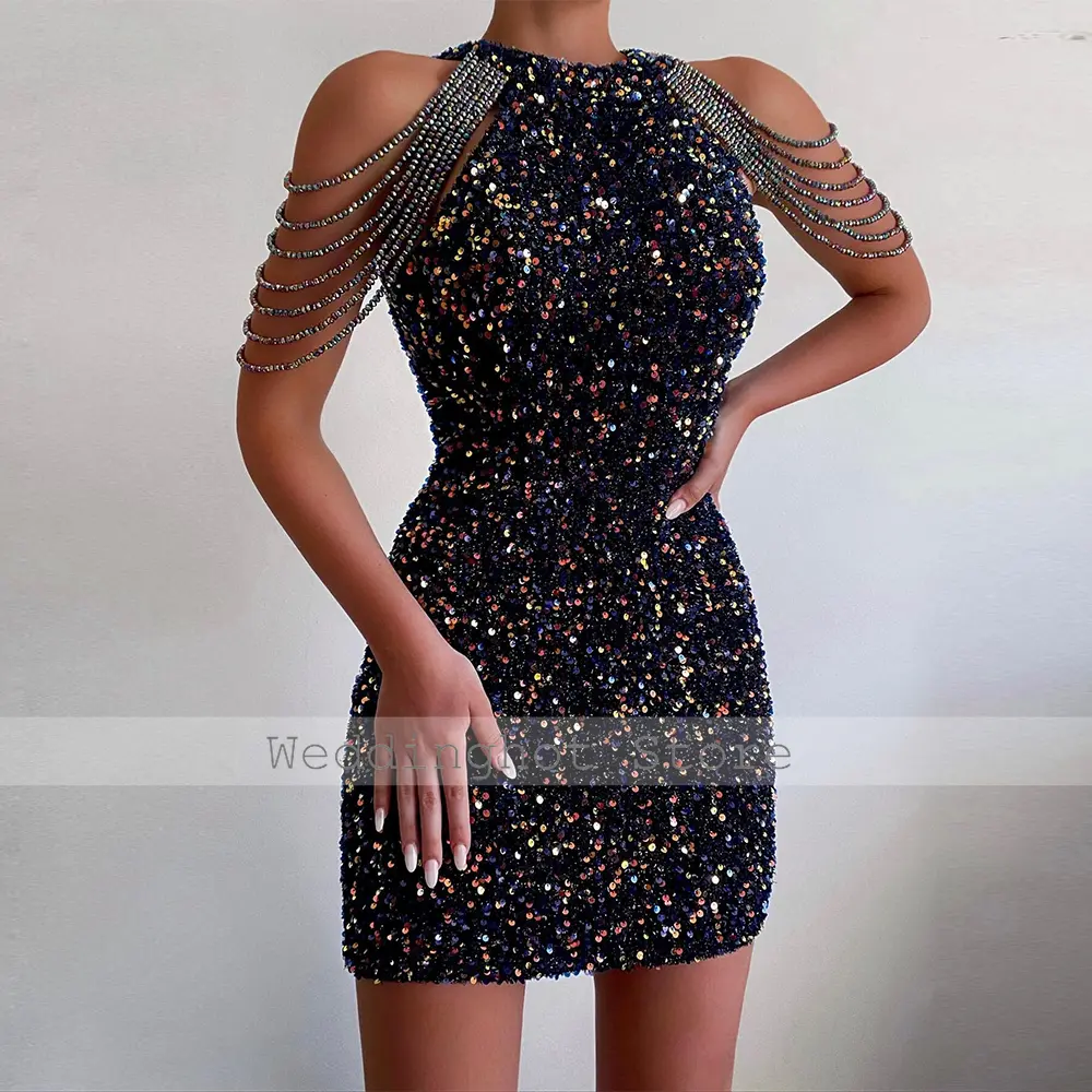 Cocktail Dresses Sexy Sequin Sequined Beading Birthday Column Scoop Neck Mini Dresses Long Beaded Cocktail Gowns