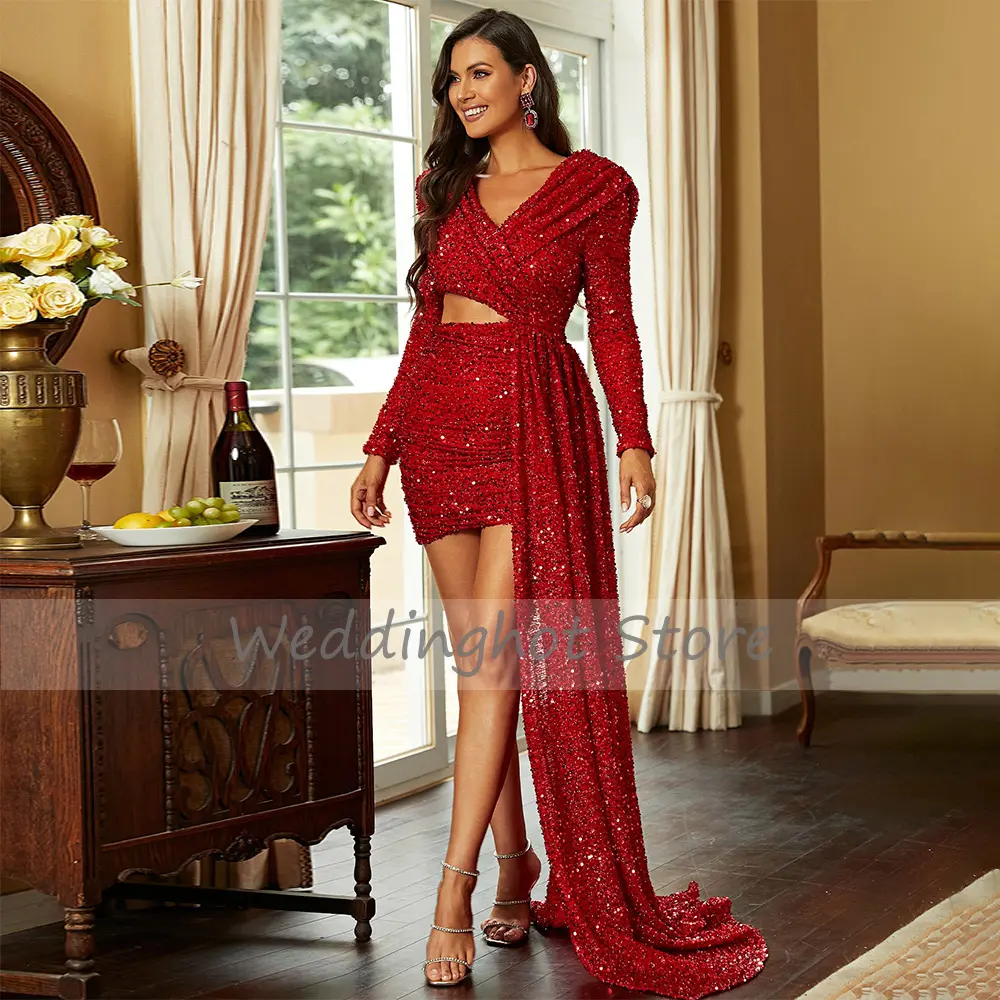 Sexy Cocktail Dresses Burgundy Cut Out Sequined Long Sleeves  Gowns for Women 2023 V Neck Short Evening Party Dress Mini