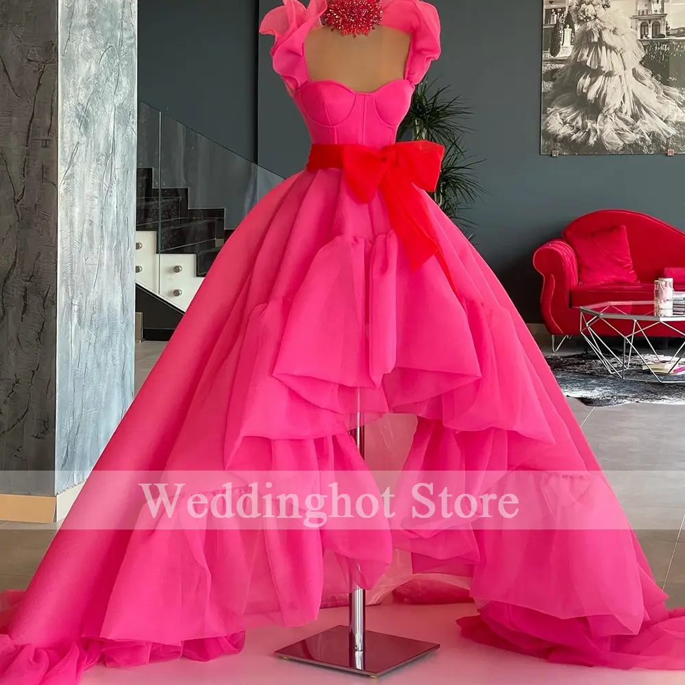 Sweetheart Rose Red Evening Dresses Long 2023 Elegant Organza Hi-Lo A-Line Prom Gowns Sexy  Bow Party Dress vestido de fiesta