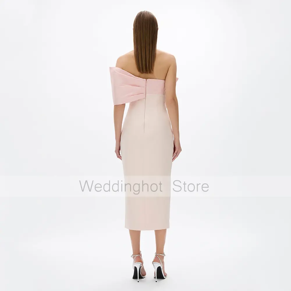 Midi Cocktail Dresses Column Big Bow Off the Shoulder Short Evening Gowns for Women 2025 Tea Length Side Split Simple Party Gown