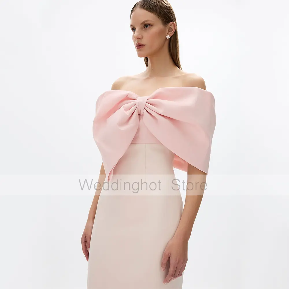 Midi Cocktail Dresses Column Big Bow Off the Shoulder Short Evening Gowns for Women 2025 Tea Length Side Split Simple Party Gown