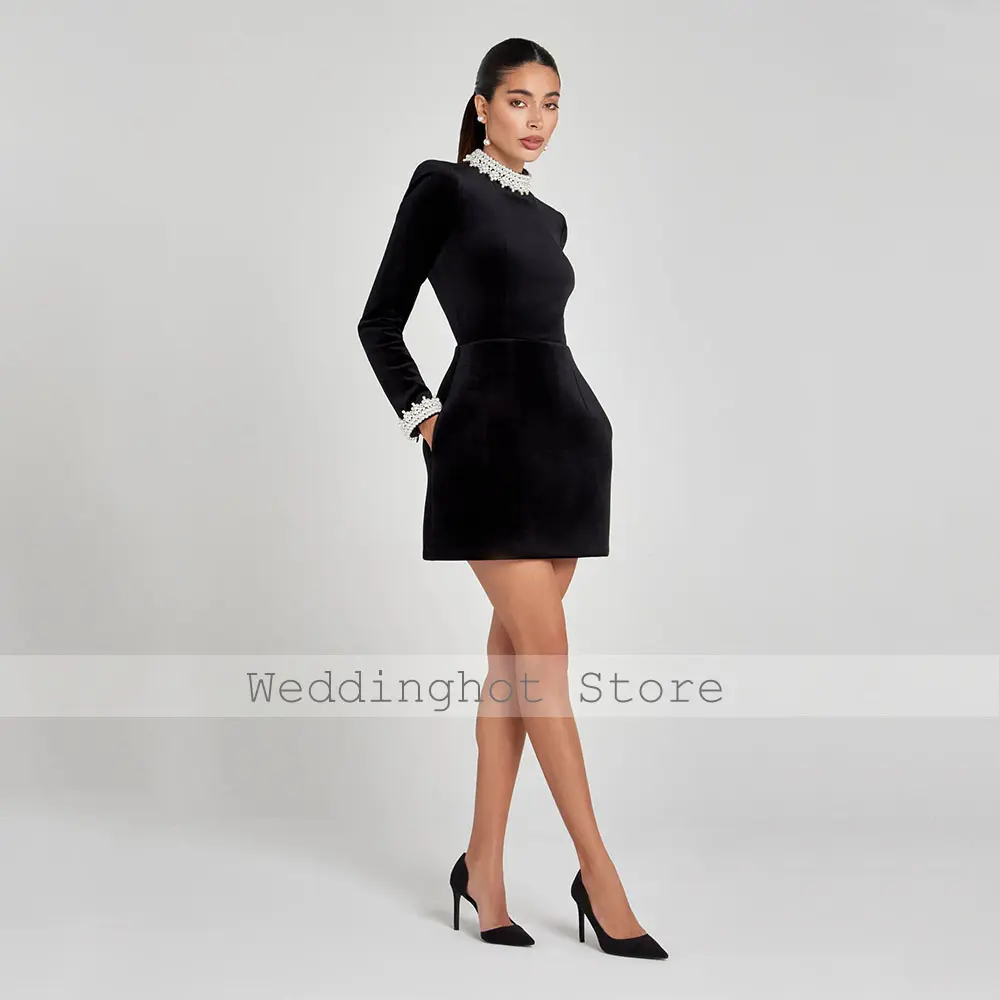 Black Velvet Cocktail Dresses for Women Pearls High Collar Long Sleeves Cocktail Gowns Mini Pockets Column Wedding Party Dress