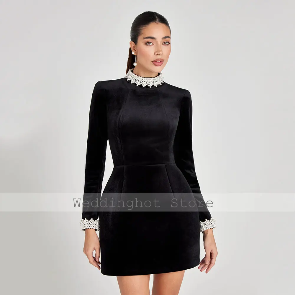Black Velvet Cocktail Dresses for Women Pearls High Collar Long Sleeves Cocktail Gowns Mini Pockets Column Wedding Party Dress