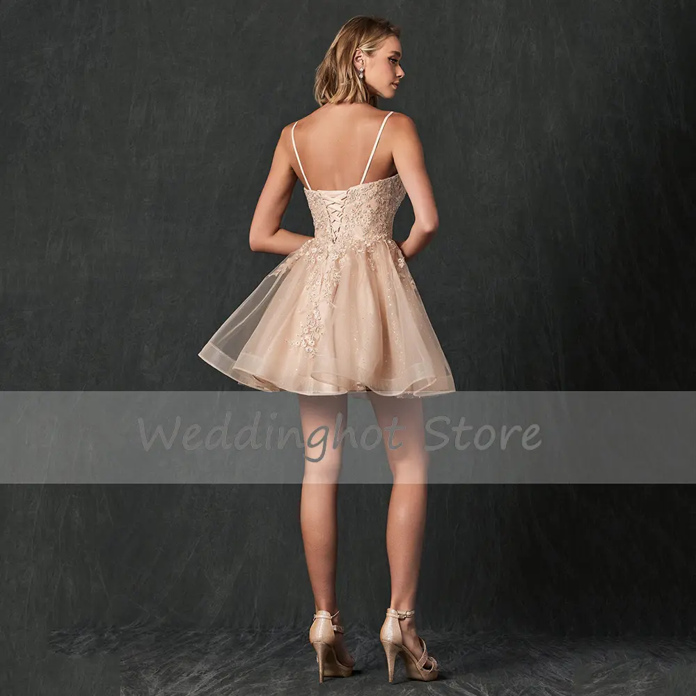 Mini Prom Dress for Women 2022 Deep V Neck Spaghetti Straps Sexy Evening Party Dress Mini A Line Applique Homecoming Dress Short