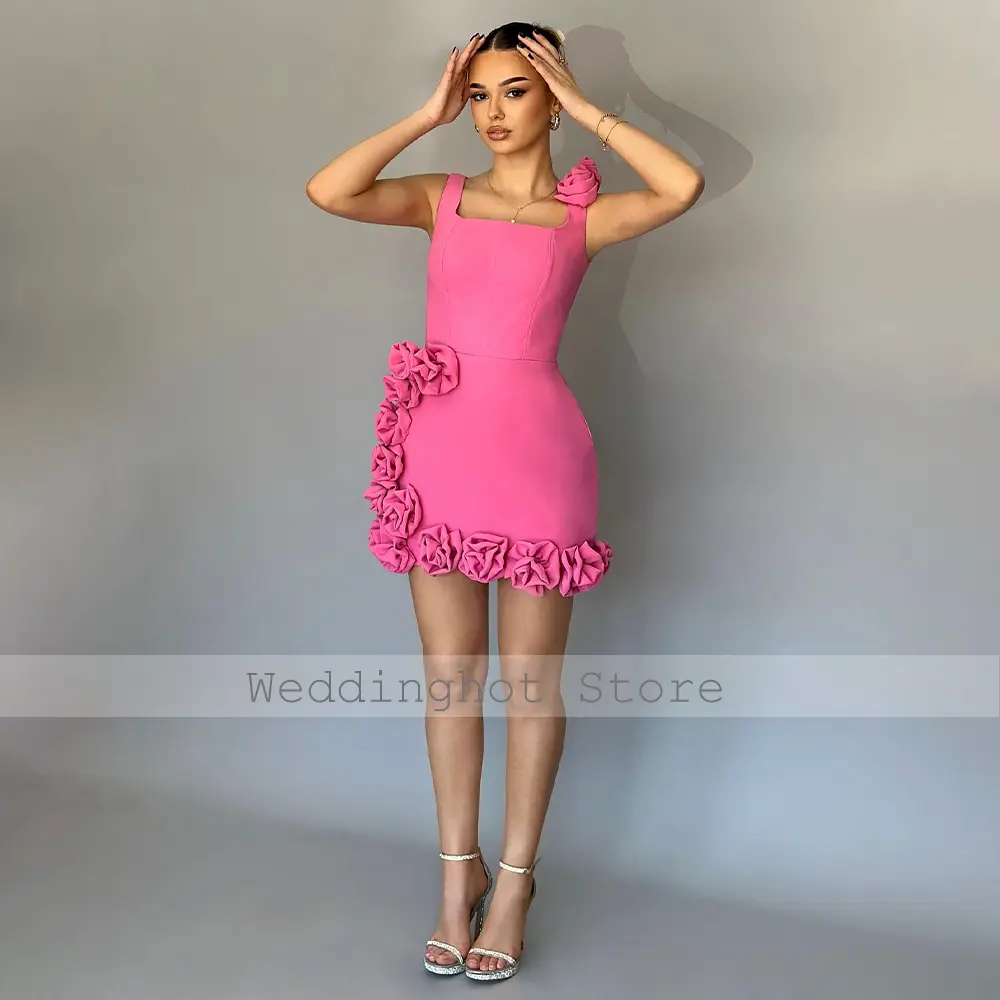 Hot Pink Party Dress Mini 3D Flowers Tank Square Collar Short Cocktail Gowns for Women Sheath Sleeveless Homecoming Dresses