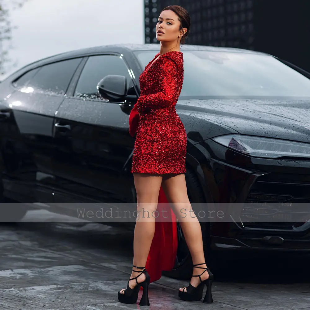 Glitter Cocktail Dress Red Sequins Long Sleeves Deep V Neck Column Cocktail Gowns Mini Satin Bow Women's Party Dresses Short