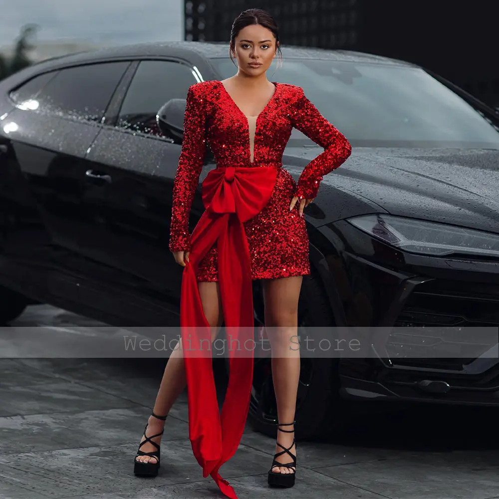 Glitter Cocktail Dress Red Sequins Long Sleeves Deep V Neck Column Cocktail Gowns Mini Satin Bow Women's Party Dresses Short