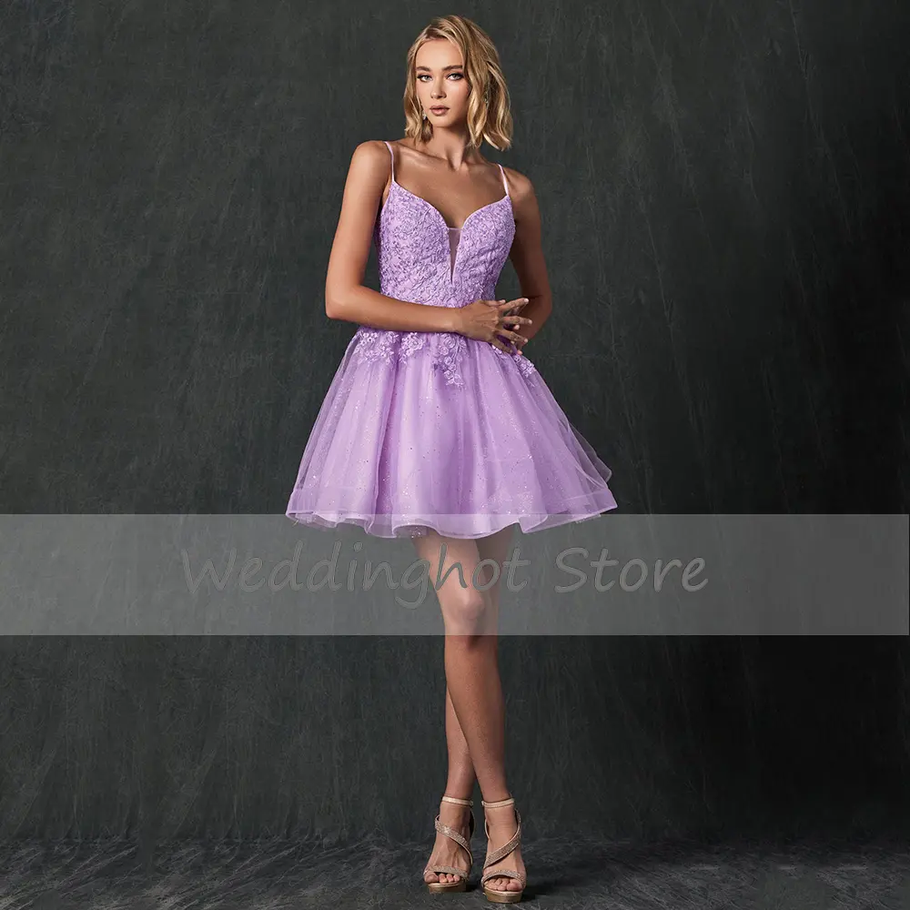 Mini Prom Dress for Women 2022 Deep V Neck Spaghetti Straps Sexy Evening Party Dress Mini A Line Applique Homecoming Dress Short