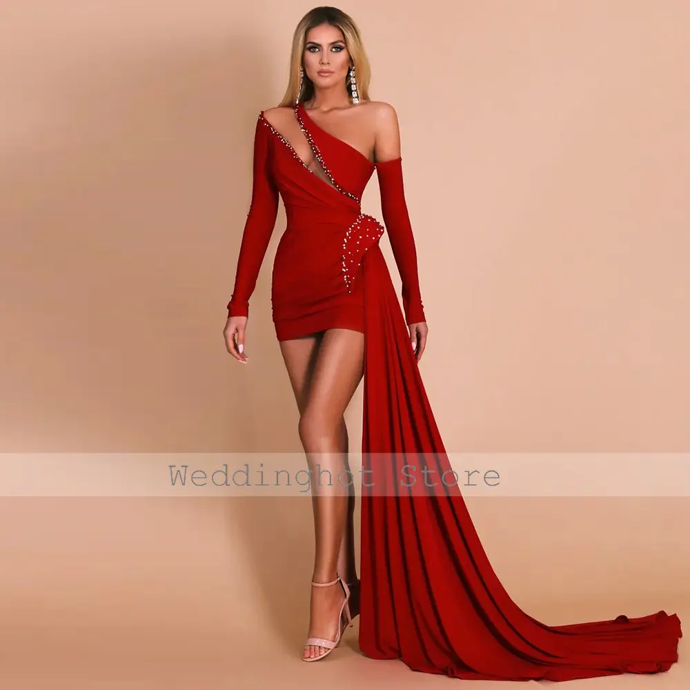 Prom Dresses Luxury Burgundy Satin Pearl Pleat Draped Cocktail Party Column One-shoulder Sexy Cocktail Dresses	Formal Dress