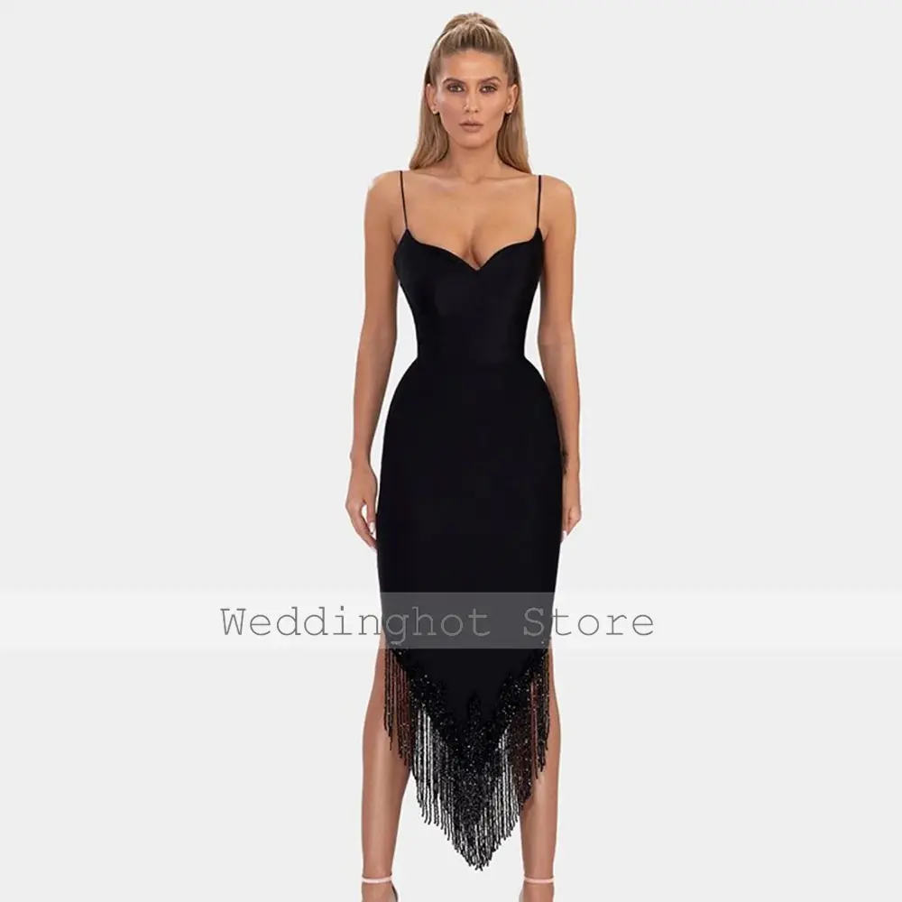 Sexy Cocktail Dresses Black Spaghetti Strap Beading Tassel Column Party Gowns for Women V Neck Sheath Mid Calf Cocktail Gown