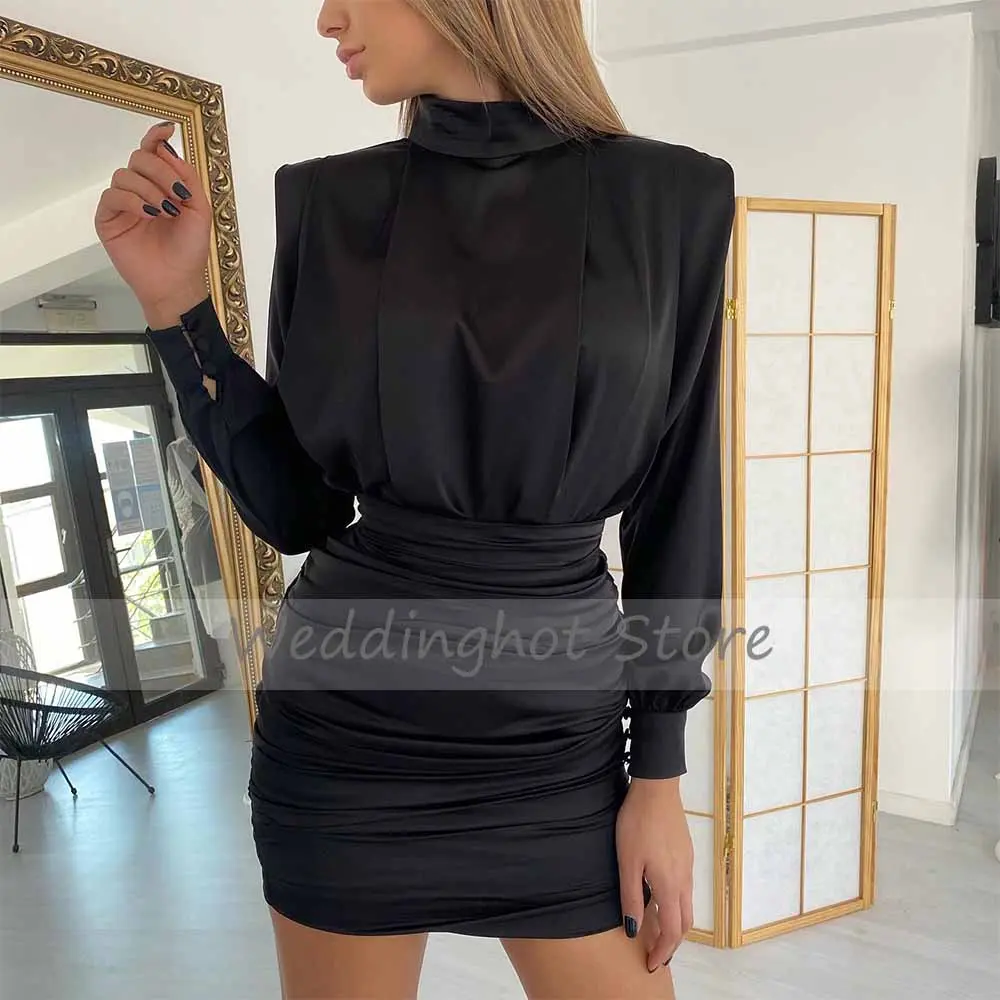 Green Satin Party Dresses for Women Long Sleeves High Collar Cocktail Gowns Short 2024 Sheath/Column Wedding Evening Dress Mini