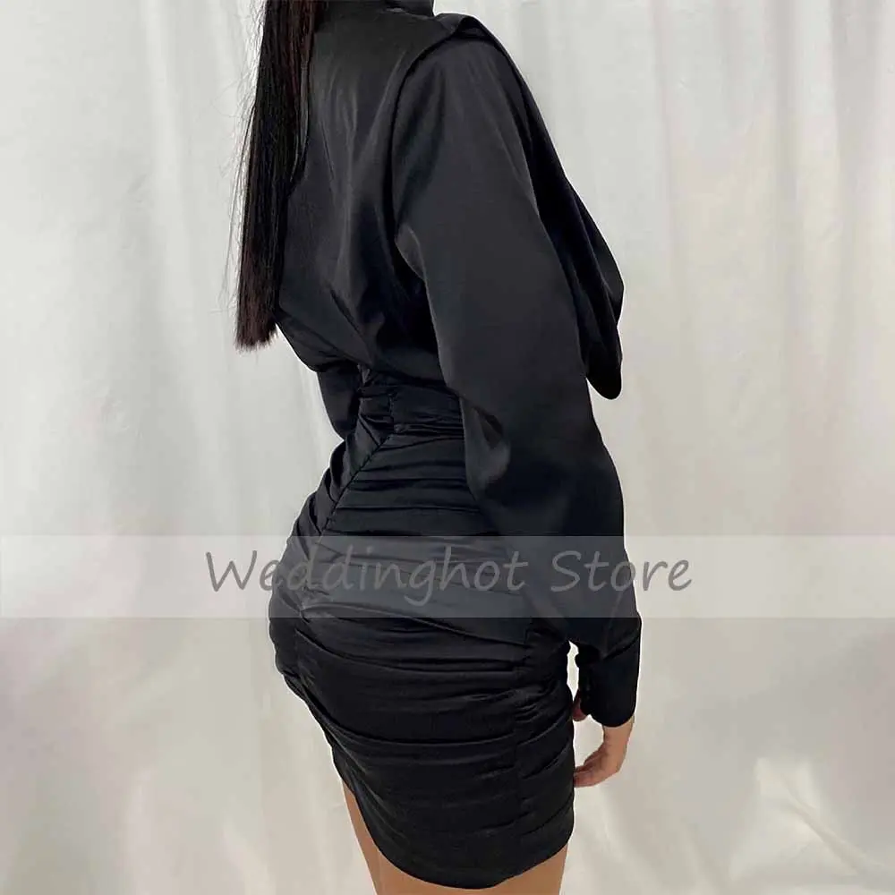 Green Satin Party Dresses for Women Long Sleeves High Collar Cocktail Gowns Short 2024 Sheath/Column Wedding Evening Dress Mini