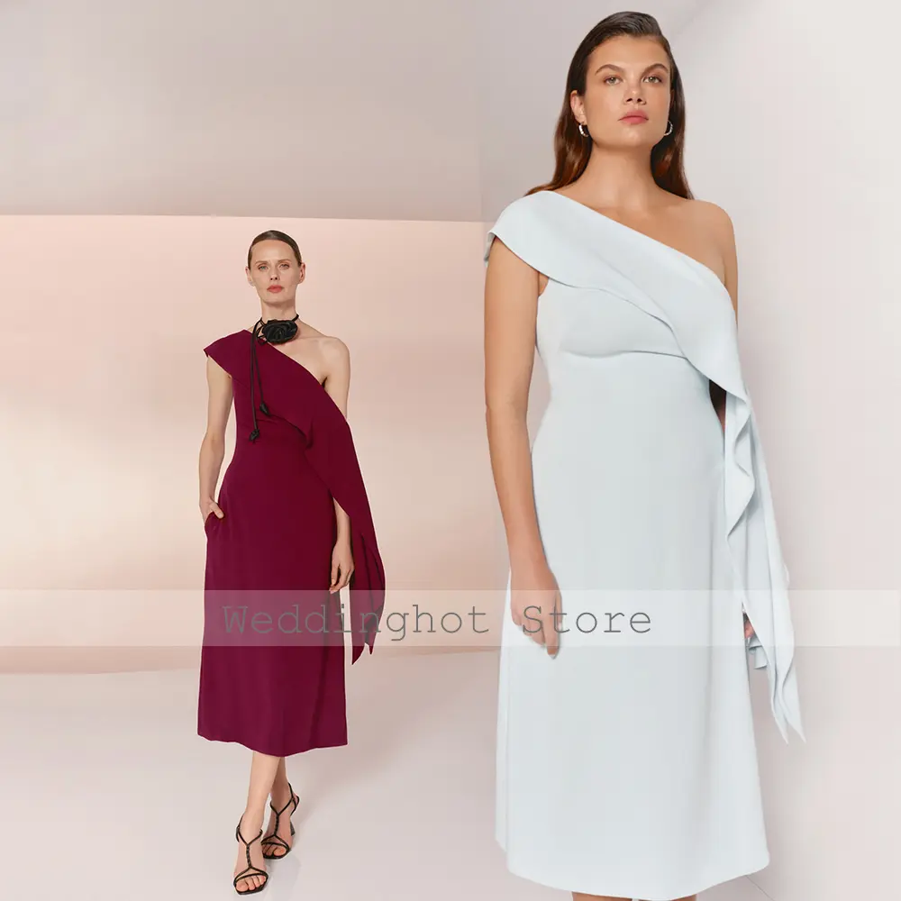 Lemon Cocktail Dresses Column One Shoulder Ruffle Tea Length Wedding Party Gowns for Women Tea Length Pockets Cocktail Gown 2025