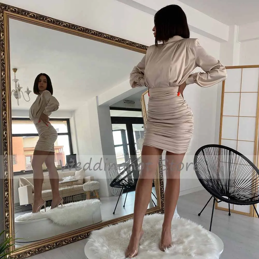 Green Satin Party Dresses for Women Long Sleeves High Collar Cocktail Gowns Short 2024 Sheath/Column Wedding Evening Dress Mini